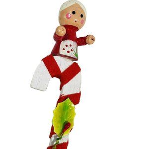Wooden Ornament Mrs. Claus On Candy Cane With Holly Vintage Christmas Holiday